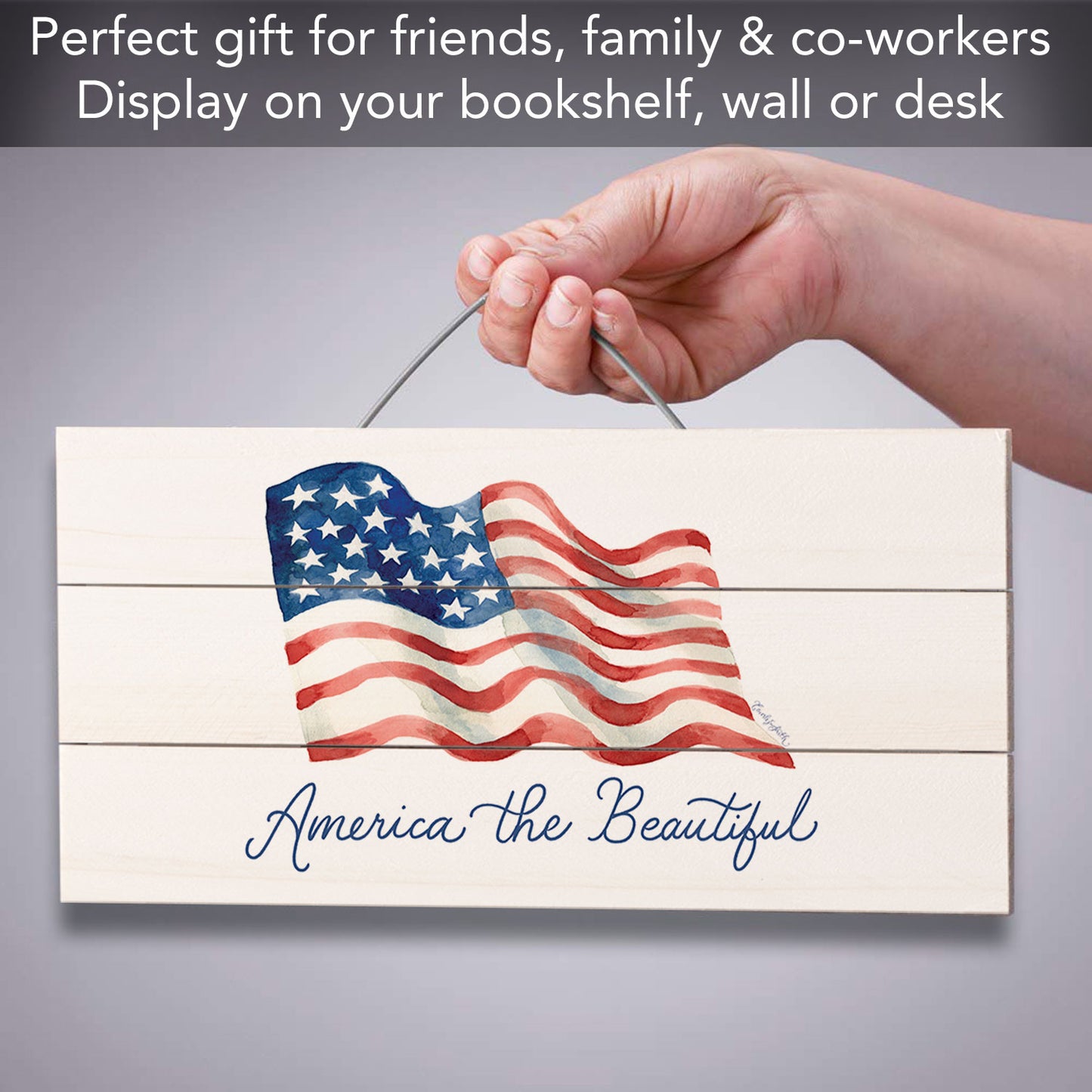 America the Beautiful Decorative Slatted Pallet Wood Sign 12" by 6" Wire Hanger Doubles as an Easel