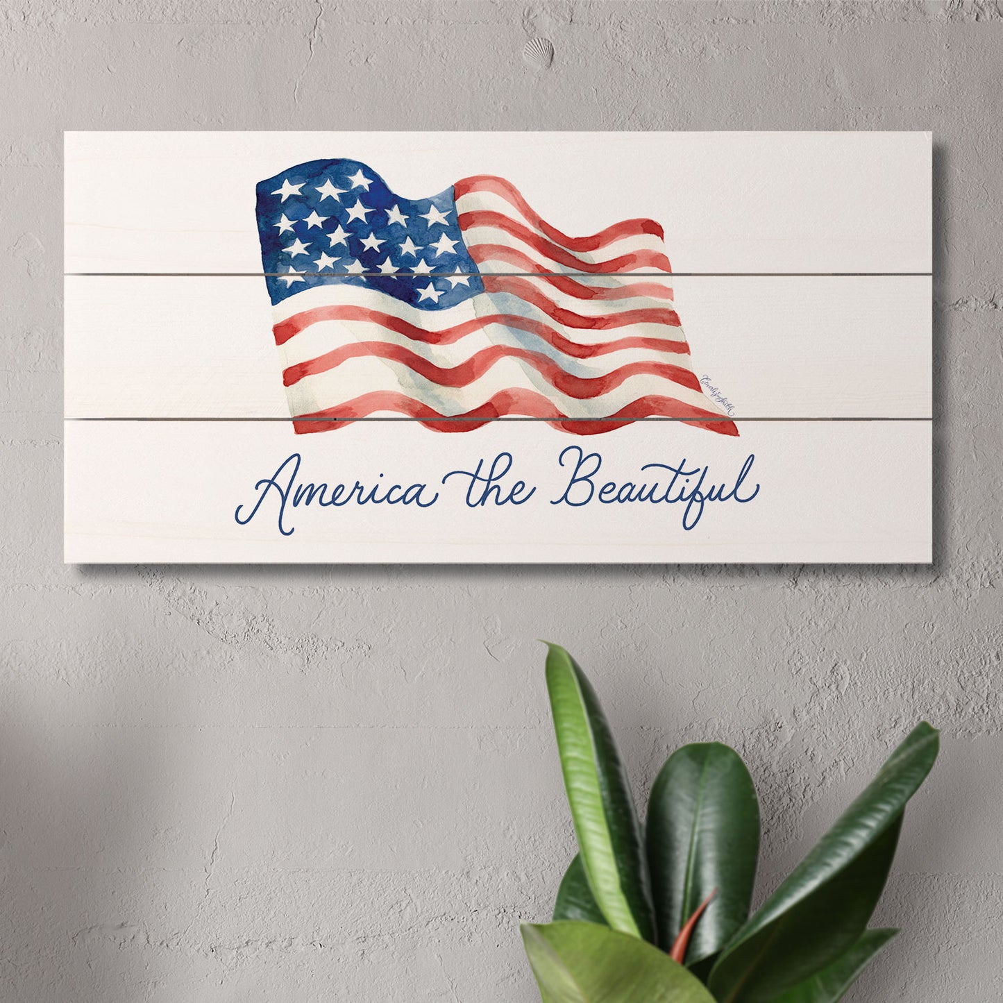 America the Beautiful Decorative Slatted Pallet Wood Sign 12" by 6" Wire Hanger Doubles as an Easel