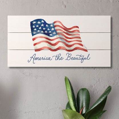 America the Beautiful Decorative Slatted Pallet Wood Sign 12" by 6" Wire Hanger Doubles as an Easel