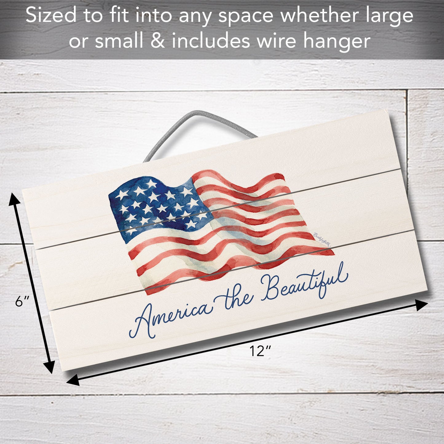 America the Beautiful Decorative Slatted Pallet Wood Sign 12" by 6" Wire Hanger Doubles as an Easel