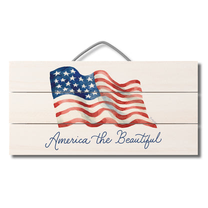 America the Beautiful Decorative Slatted Pallet Wood Sign 12" by 6" Wire Hanger Doubles as an Easel