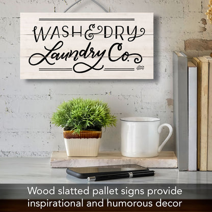 Laundry Company Decorative Slatted Pallet Wood Sign 12" by 6" Wire Hanger Doubles as an Easel