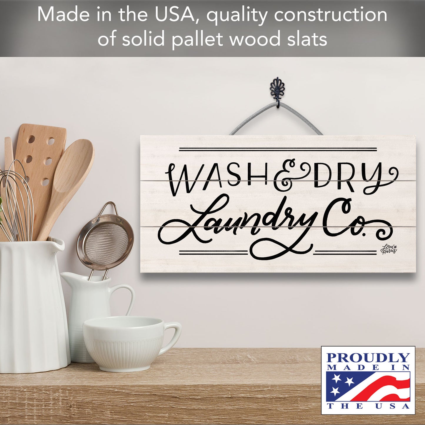 Laundry Company Decorative Slatted Pallet Wood Sign 12" by 6" Wire Hanger Doubles as an Easel