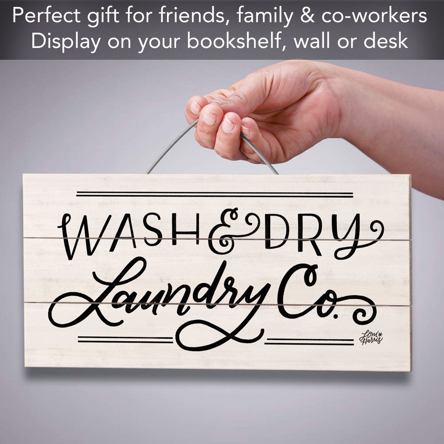 Laundry Company Decorative Slatted Pallet Wood Sign 12" by 6" Wire Hanger Doubles as an Easel