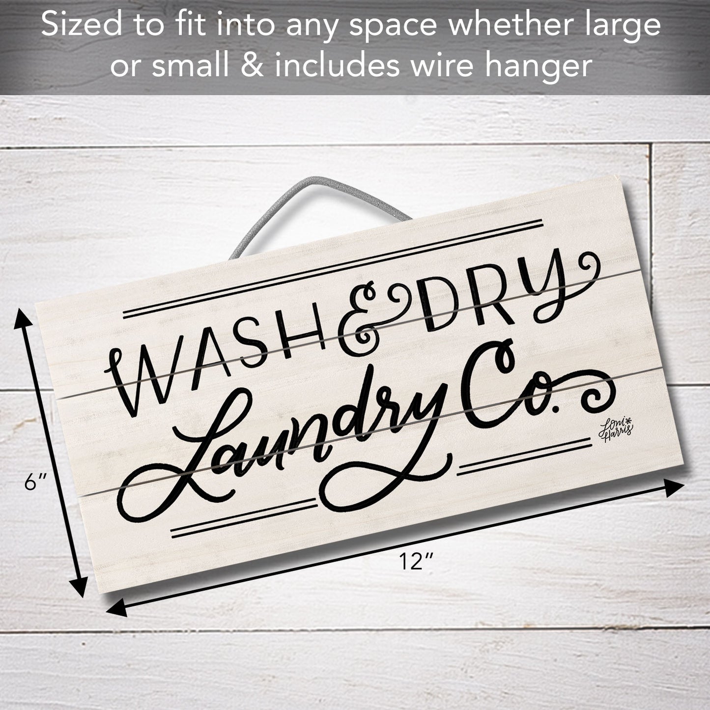 Laundry Company Decorative Slatted Pallet Wood Sign 12" by 6" Wire Hanger Doubles as an Easel