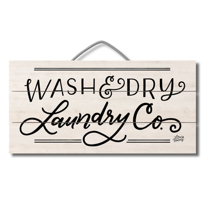 Laundry Company Decorative Slatted Pallet Wood Sign 12" by 6" Wire Hanger Doubles as an Easel