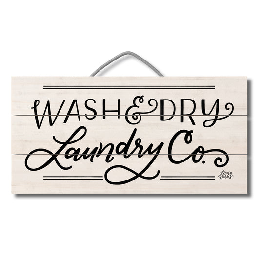 Laundry Company Decorative Slatted Pallet Wood Sign 12" by 6" Wire Hanger Doubles as an Easel