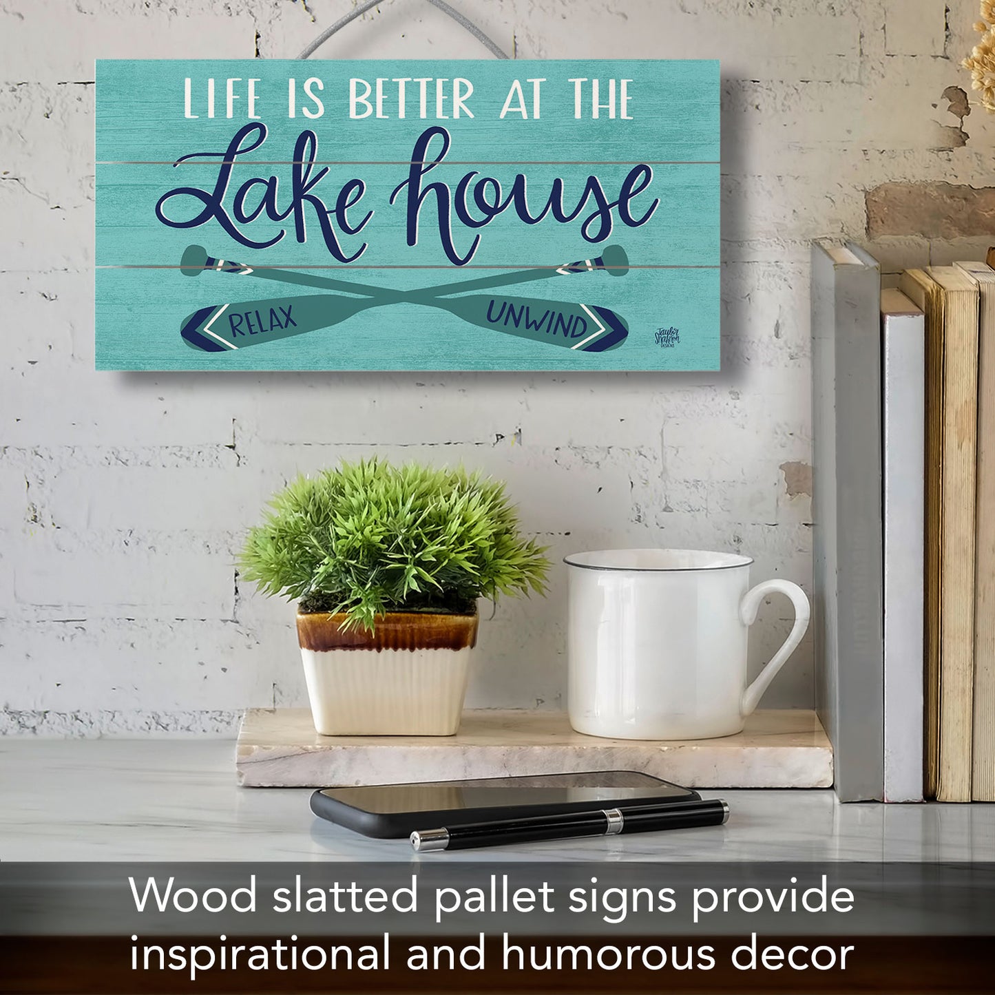 Lake House Decorative Slatted Pallet Wood Sign 12" by 6" Wire Hanger Doubles as an Easel