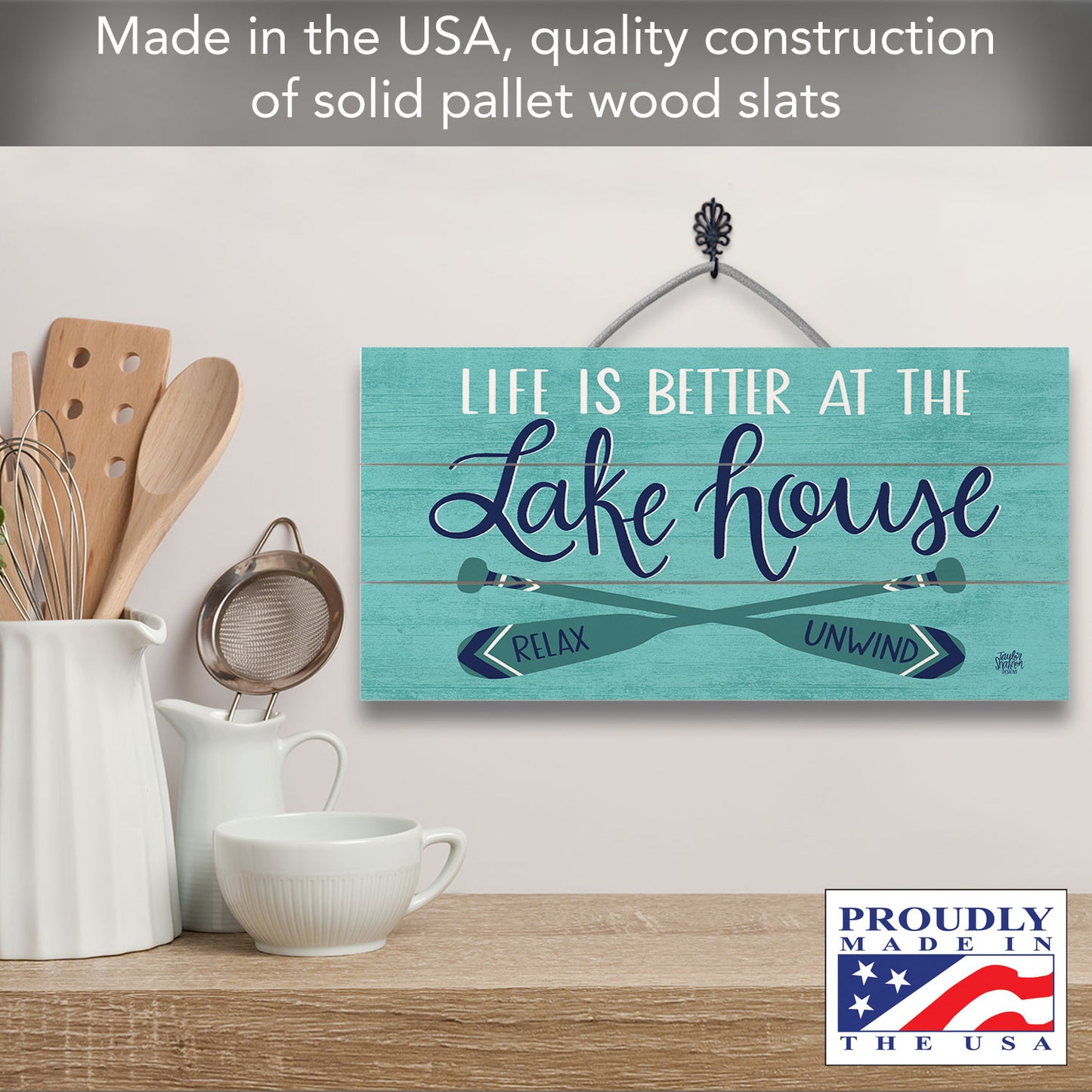 Lake House Decorative Slatted Pallet Wood Sign 12" by 6" Wire Hanger Doubles as an Easel