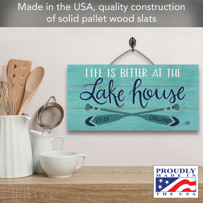 Lake House Decorative Slatted Pallet Wood Sign 12" by 6" Wire Hanger Doubles as an Easel