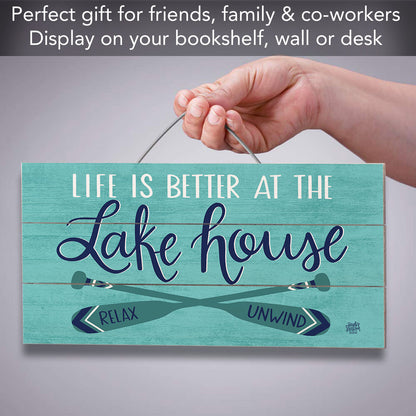 Lake House Decorative Slatted Pallet Wood Sign 12" by 6" Wire Hanger Doubles as an Easel