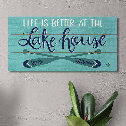 Lake House Decorative Slatted Pallet Wood Sign 12" by 6" Wire Hanger Doubles as an Easel
