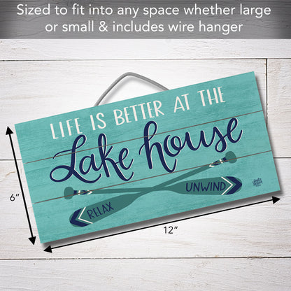 Lake House Decorative Slatted Pallet Wood Sign 12" by 6" Wire Hanger Doubles as an Easel