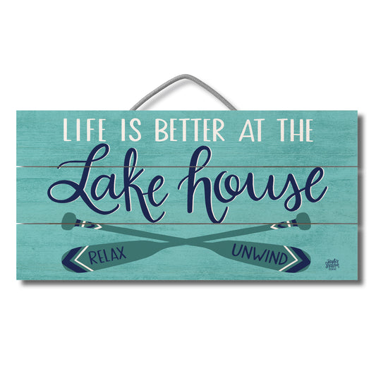 Lake House Decorative Slatted Pallet Wood Sign 12" by 6" Wire Hanger Doubles as an Easel