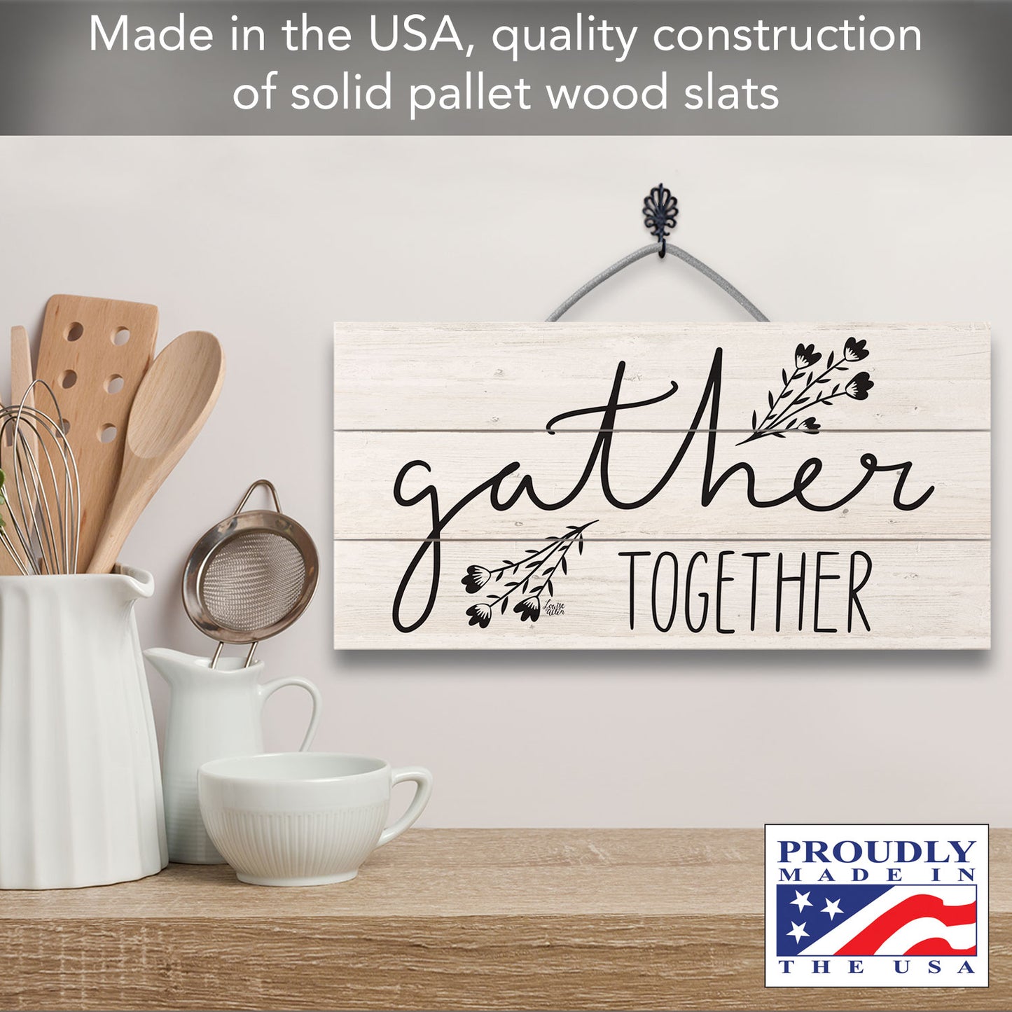 Gather Together Decorative Slatted Pallet Wood Sign 12" by 6" Wire Hanger Doubles as an Easel