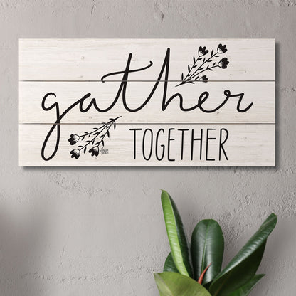 Gather Together Decorative Slatted Pallet Wood Sign 12" by 6" Wire Hanger Doubles as an Easel
