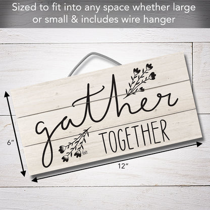 Gather Together Decorative Slatted Pallet Wood Sign 12" by 6" Wire Hanger Doubles as an Easel
