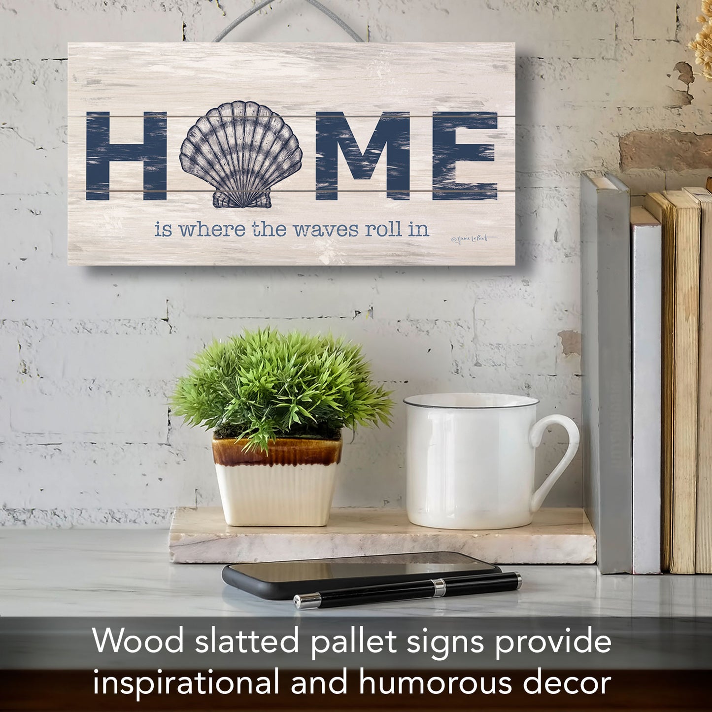 Where the Waves Roll In Decorative Slatted Pallet Wood Sign 12" by 6" Wire Hanger Doubles as an Easel