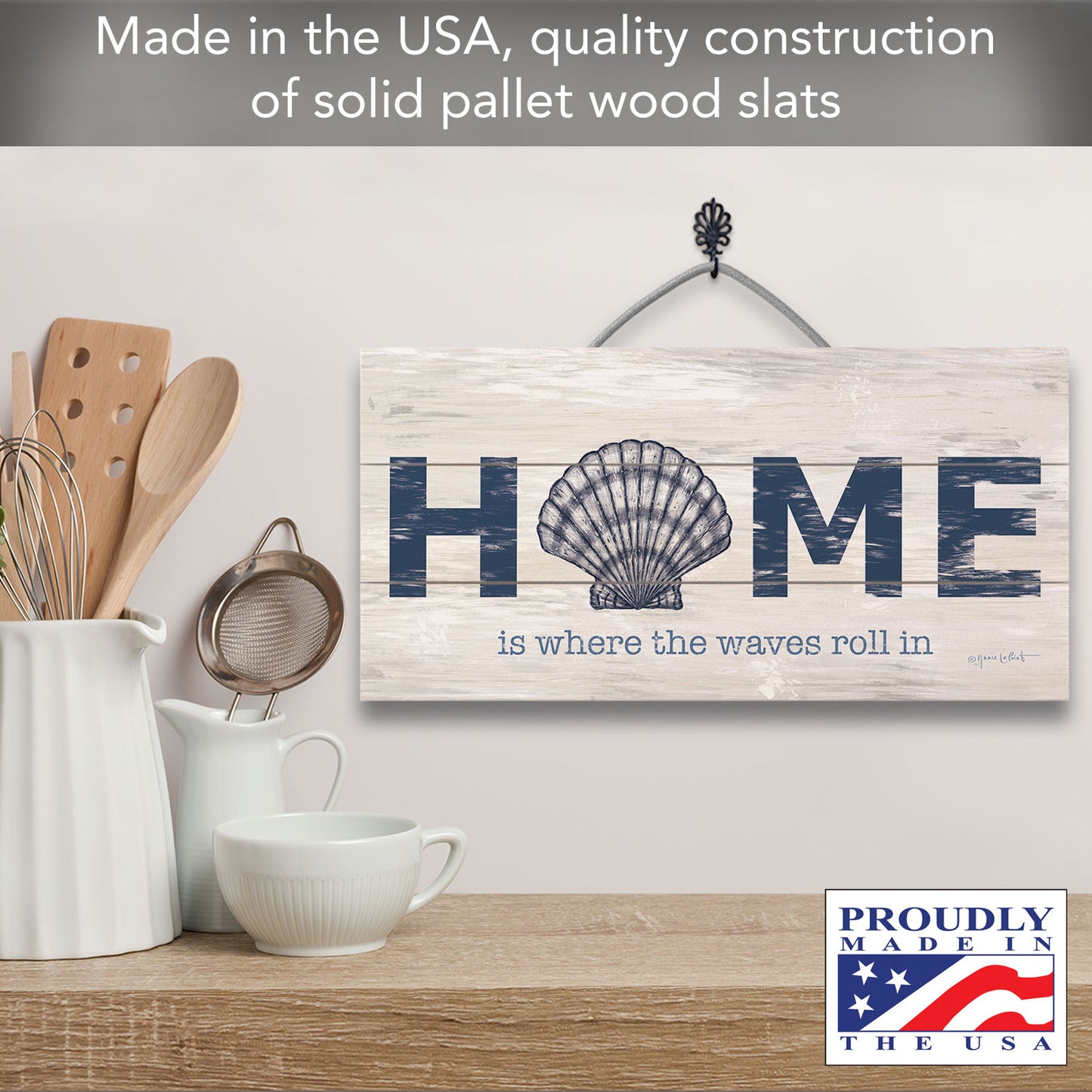 Where the Waves Roll In Decorative Slatted Pallet Wood Sign 12" by 6" Wire Hanger Doubles as an Easel