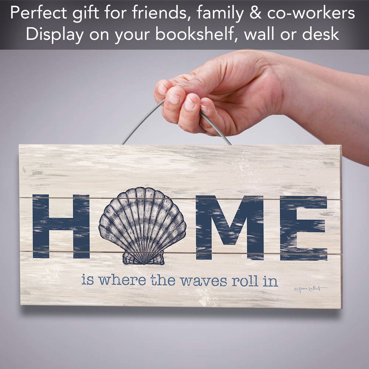 Where the Waves Roll In Decorative Slatted Pallet Wood Sign 12" by 6" Wire Hanger Doubles as an Easel