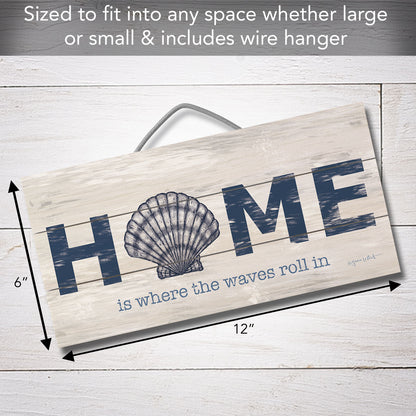Where the Waves Roll In Decorative Slatted Pallet Wood Sign 12" by 6" Wire Hanger Doubles as an Easel