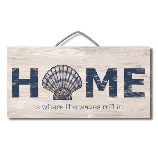 Where the Waves Roll In Decorative Slatted Pallet Wood Sign 12" by 6" Wire Hanger Doubles as an Easel