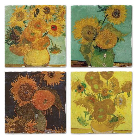 Thirstystone Van Gogh Sunflowers 4-Pack Assorted Tumbled Tile Stone Coasters 4" Square