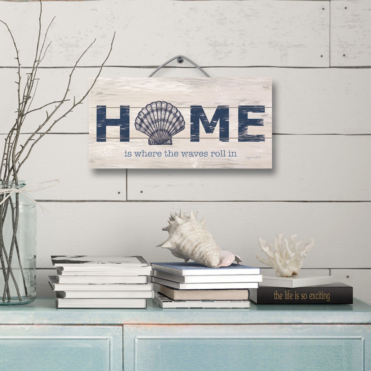 Where the Waves Roll In Decorative Slatted Pallet Wood Sign 12" by 6" Wire Hanger Doubles as an Easel