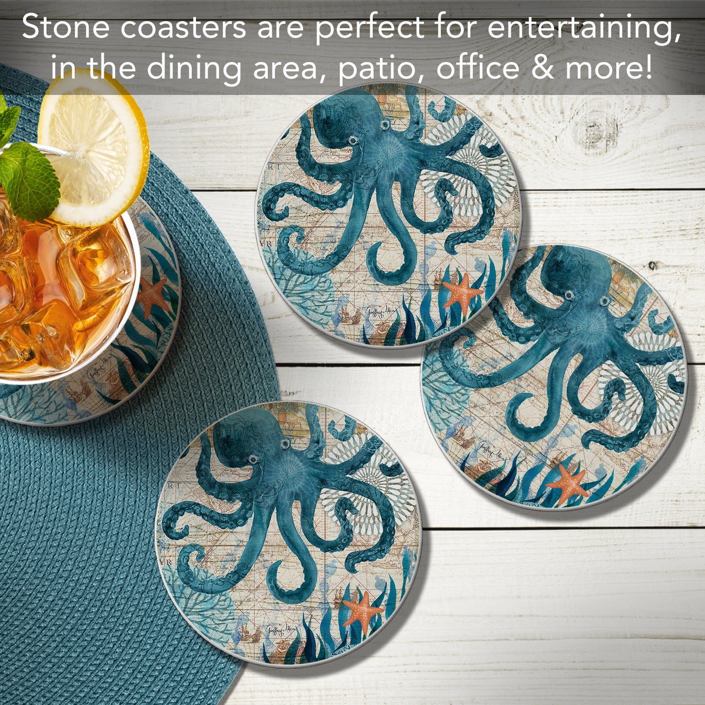Thirstystone Monterey Bay Octopus 4 Pack Round Absorbent Stone Coasters 4" Diameter Manufactured in the USA