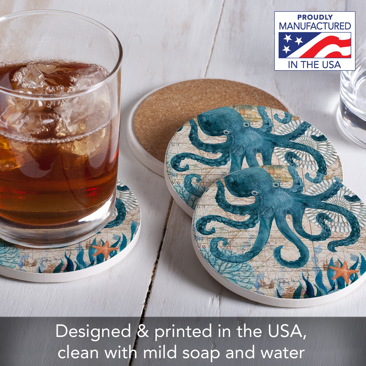 Thirstystone Monterey Bay Octopus 4 Pack Round Absorbent Stone Coasters 4" Diameter Manufactured in the USA