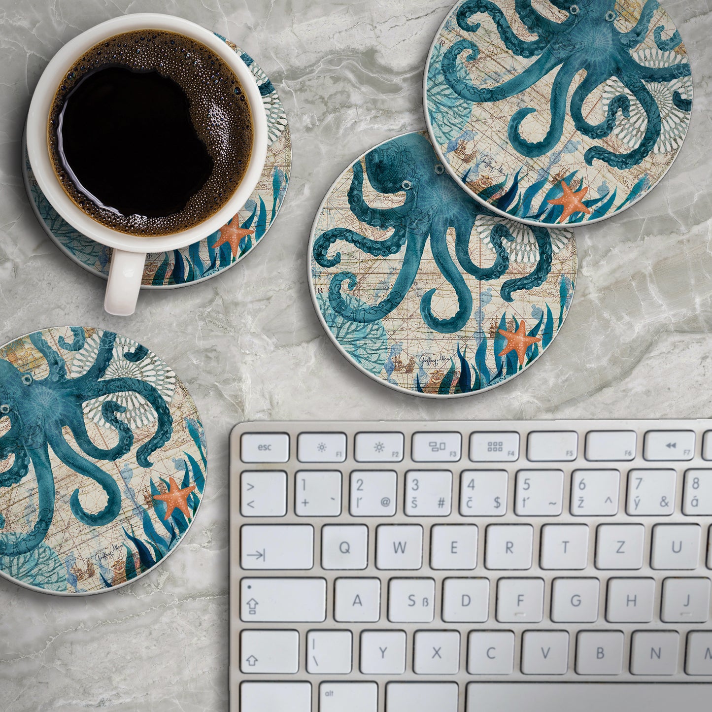 Thirstystone Monterey Bay Octopus 4 Pack Round Absorbent Stone Coasters 4" Diameter Manufactured in the USA