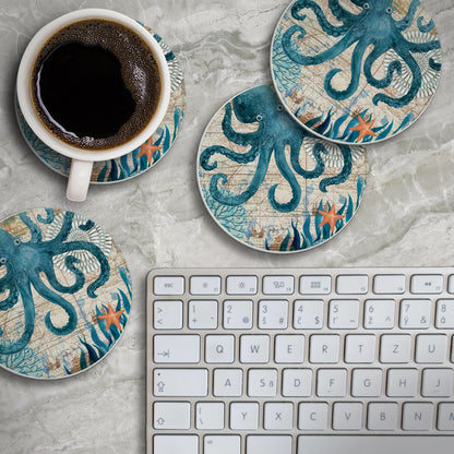 Thirstystone Monterey Bay Octopus 4 Pack Round Absorbent Stone Coasters 4" Diameter Manufactured in the USA