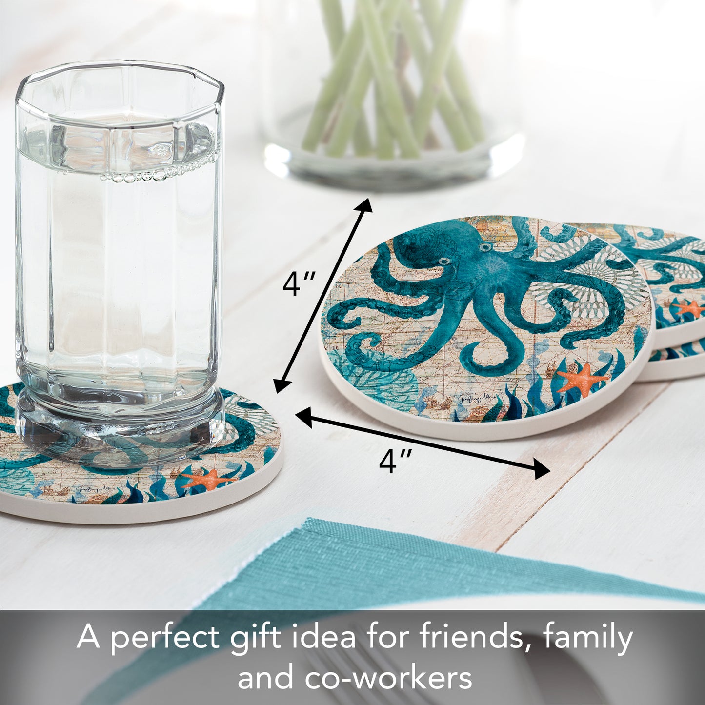 Thirstystone Monterey Bay Octopus 4 Pack Round Absorbent Stone Coasters 4" Diameter Manufactured in the USA