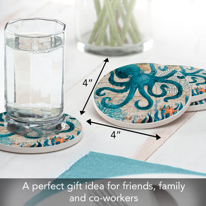 Thirstystone Monterey Bay Octopus 4 Pack Round Absorbent Stone Coasters 4" Diameter Manufactured in the USA