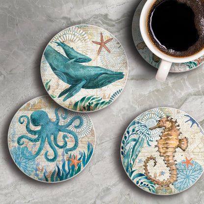 Drink Coasters Absorbent Stone Bar Coaster Set of 4, Counterart Beach Theme Funny Art Coastal Coasters for Drinks Coffee Mugs Cups Beer Wine Bottle Cocktail Desk (Ocean Life)