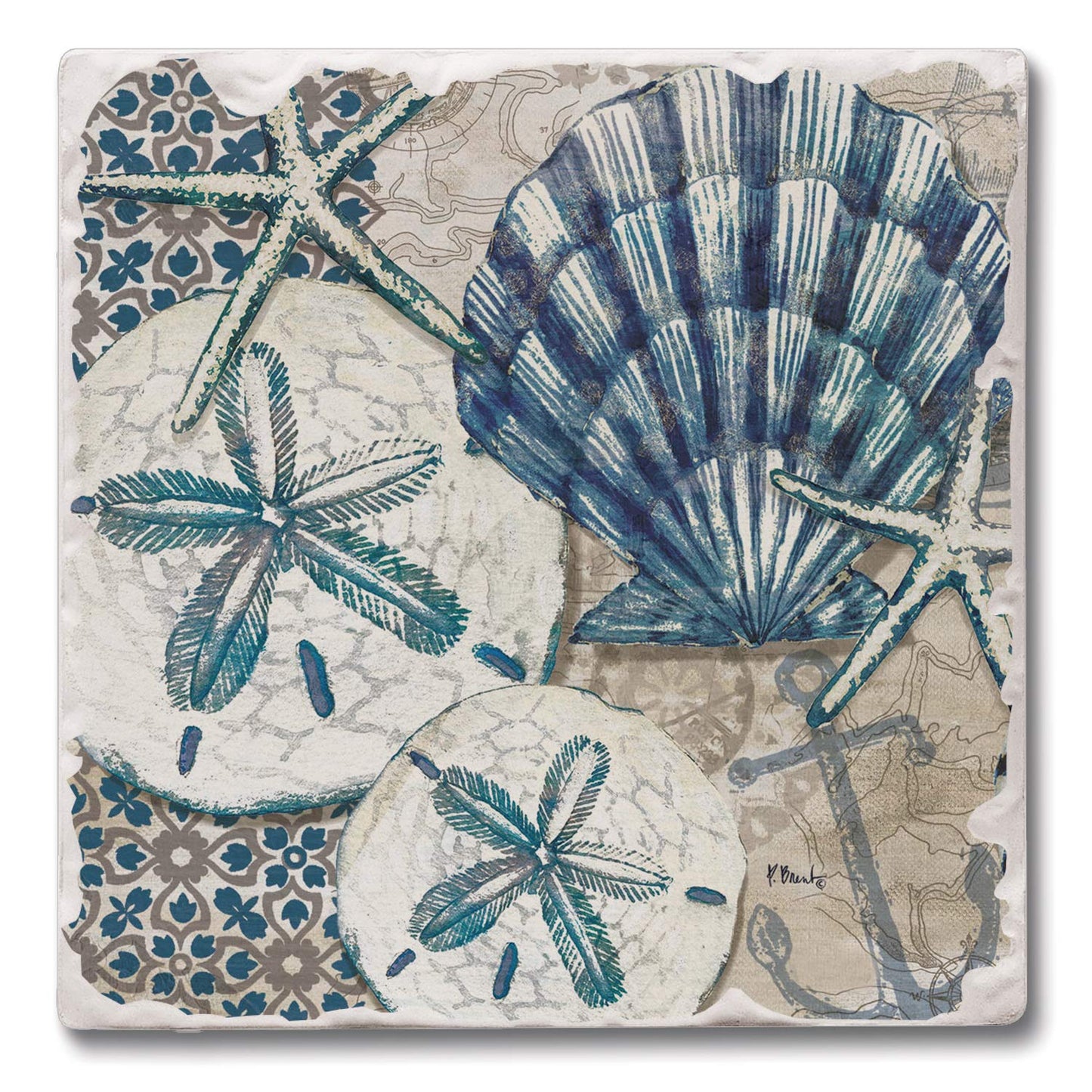 Thirstystone Tide Pool Shells 4-Pack Tumbled Tile Stone Coasters 4" Square Manufactured in the USA
