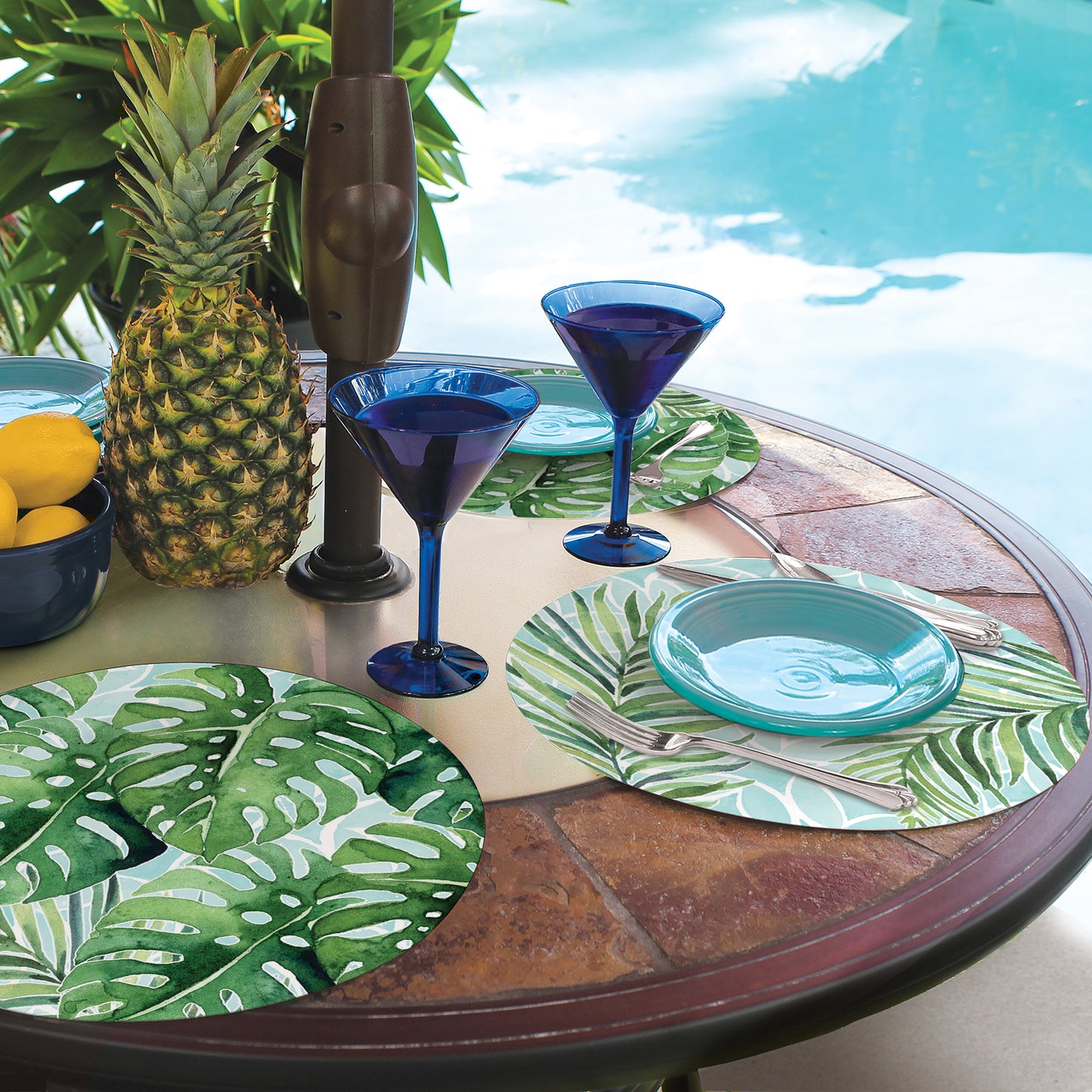 CounterArt Tropical Foliage 4 Pack Round Reversible Easy Care Flexible Placemats Made in the USA