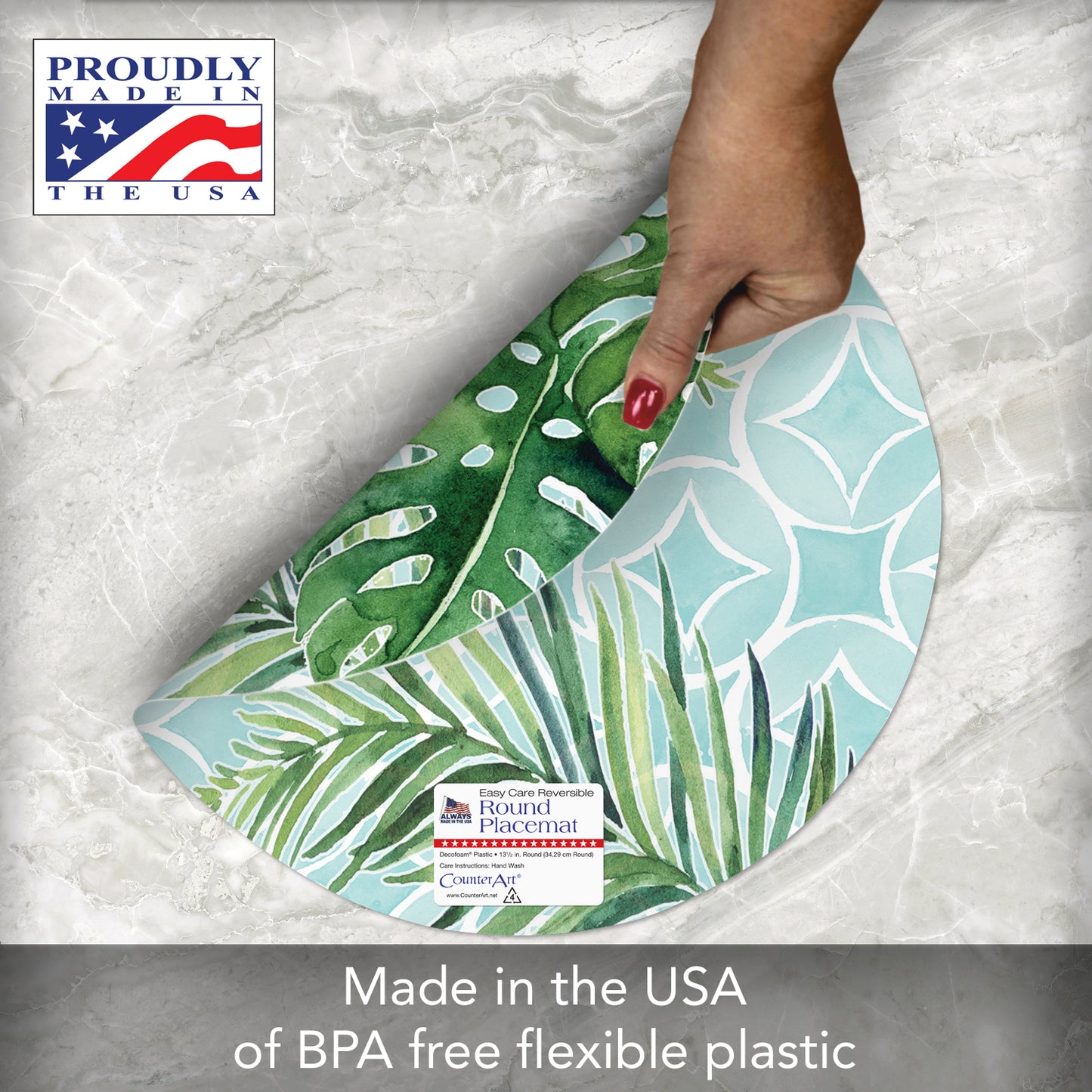 CounterArt Tropical Foliage 4 Pack Round Reversible Easy Care Flexible Placemats Made in the USA