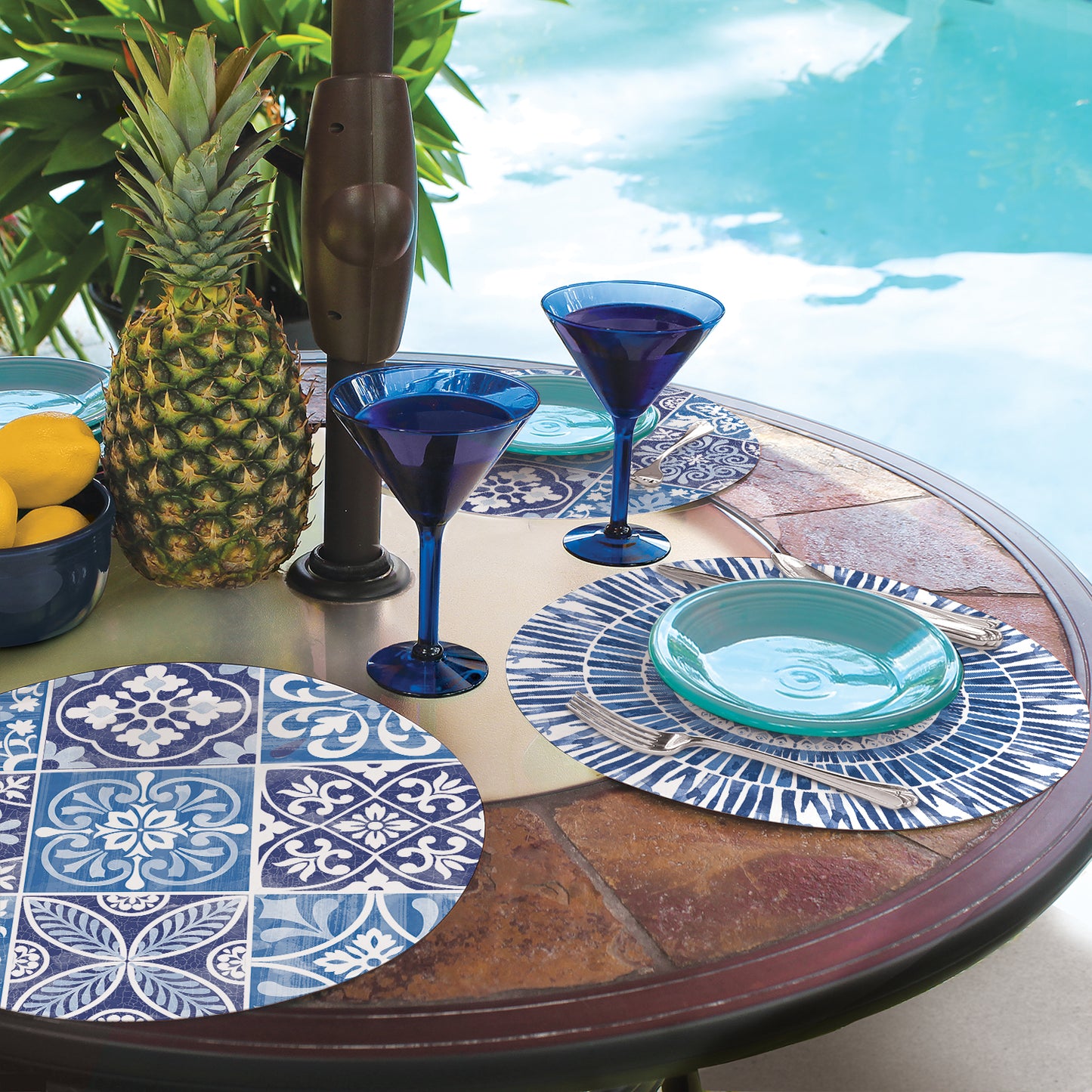 CounterArt Aegean 4 Pack Round Reversible Easy Care Flexible Placemats Made in the USA