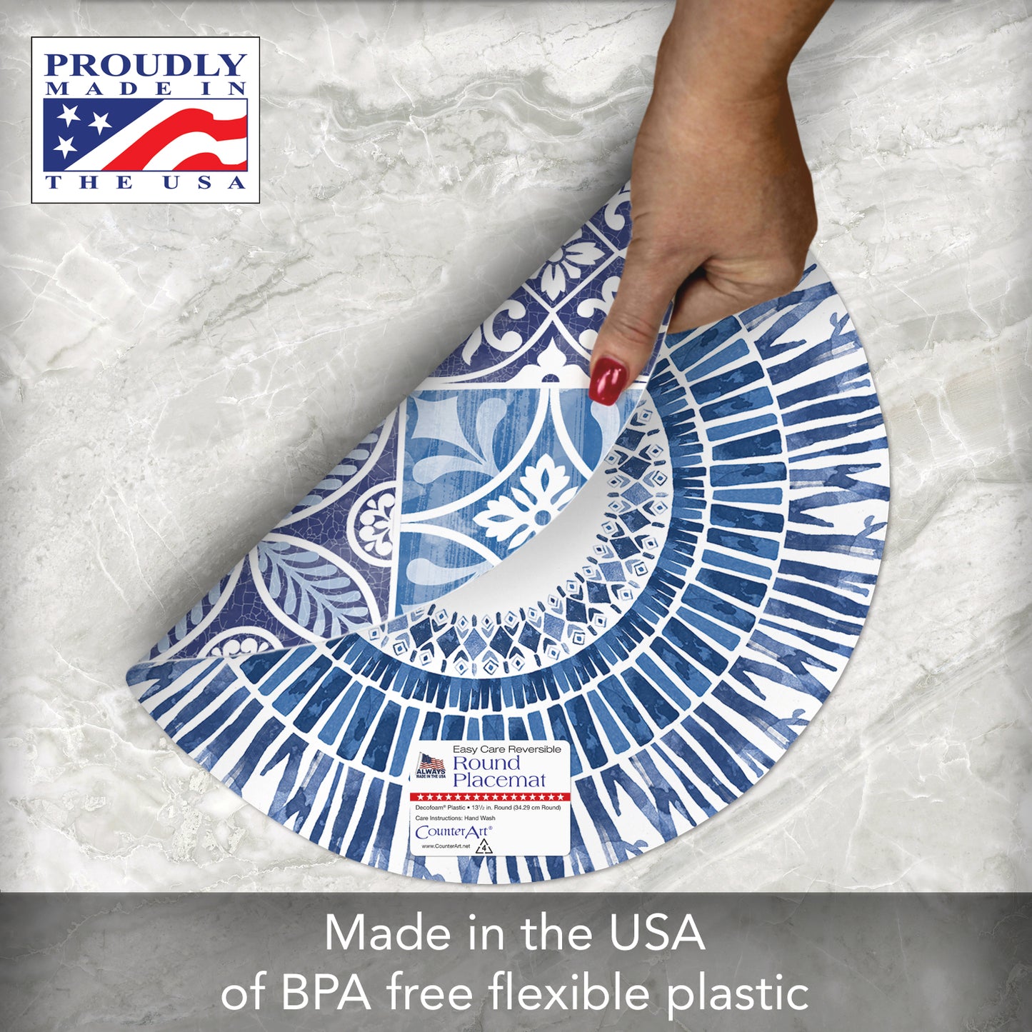 CounterArt Aegean 4 Pack Round Reversible Easy Care Flexible Placemats Made in the USA