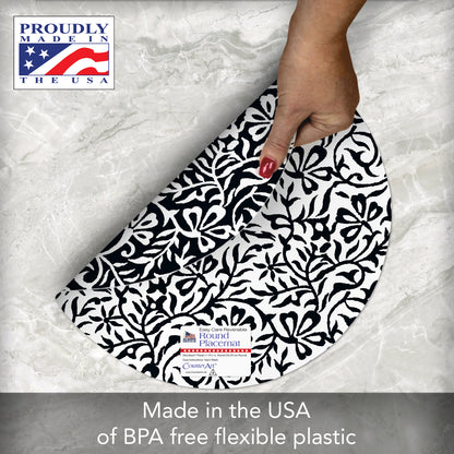 CounterArt Black & White Woodblock Round Reversible Easy Care Flexible Plastic Placemat, 4 Pack, Made in The USA