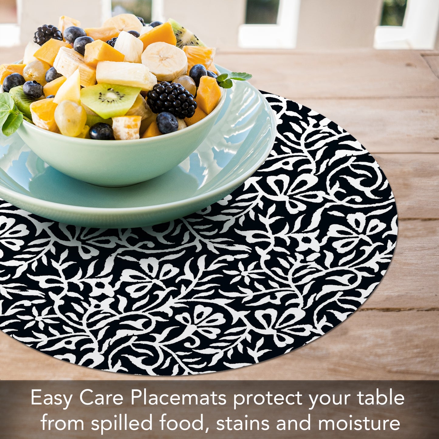 CounterArt Black & White Woodblock Round Reversible Easy Care Flexible Plastic Placemat, 4 Pack, Made in The USA