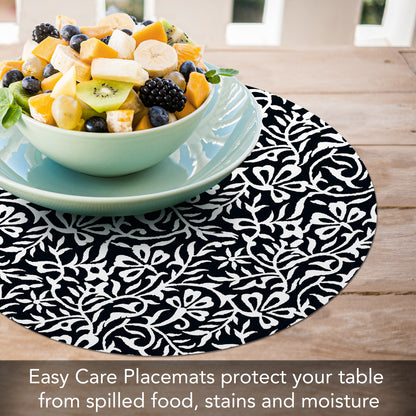 CounterArt Black & White Woodblock Round Reversible Easy Care Flexible Plastic Placemat, 4 Pack, Made in The USA