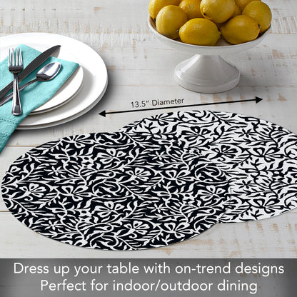 CounterArt Black & White Woodblock Round Reversible Easy Care Flexible Plastic Placemat, 4 Pack, Made in The USA