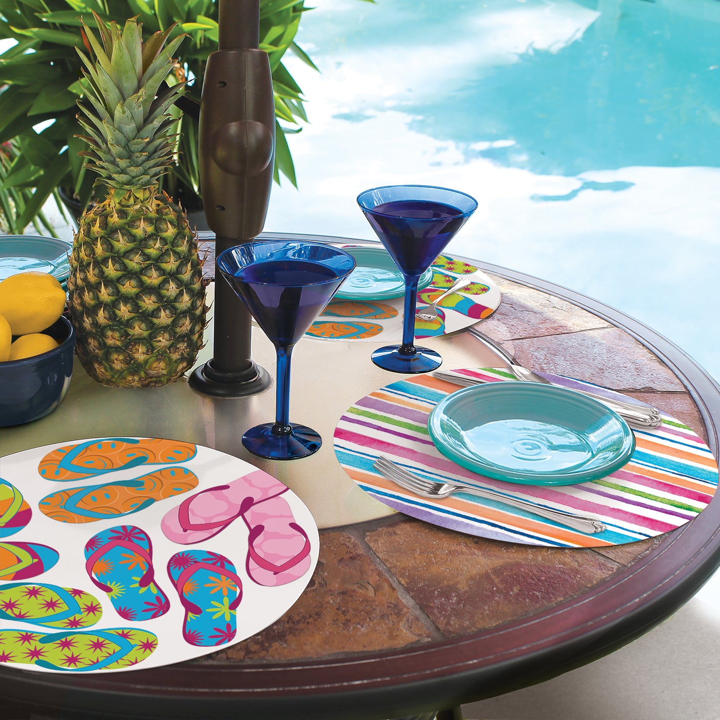 CounterArt Summer Flip Flops 4 Pack Round Reversible Easy Care Flexible Placemats Made in the USA