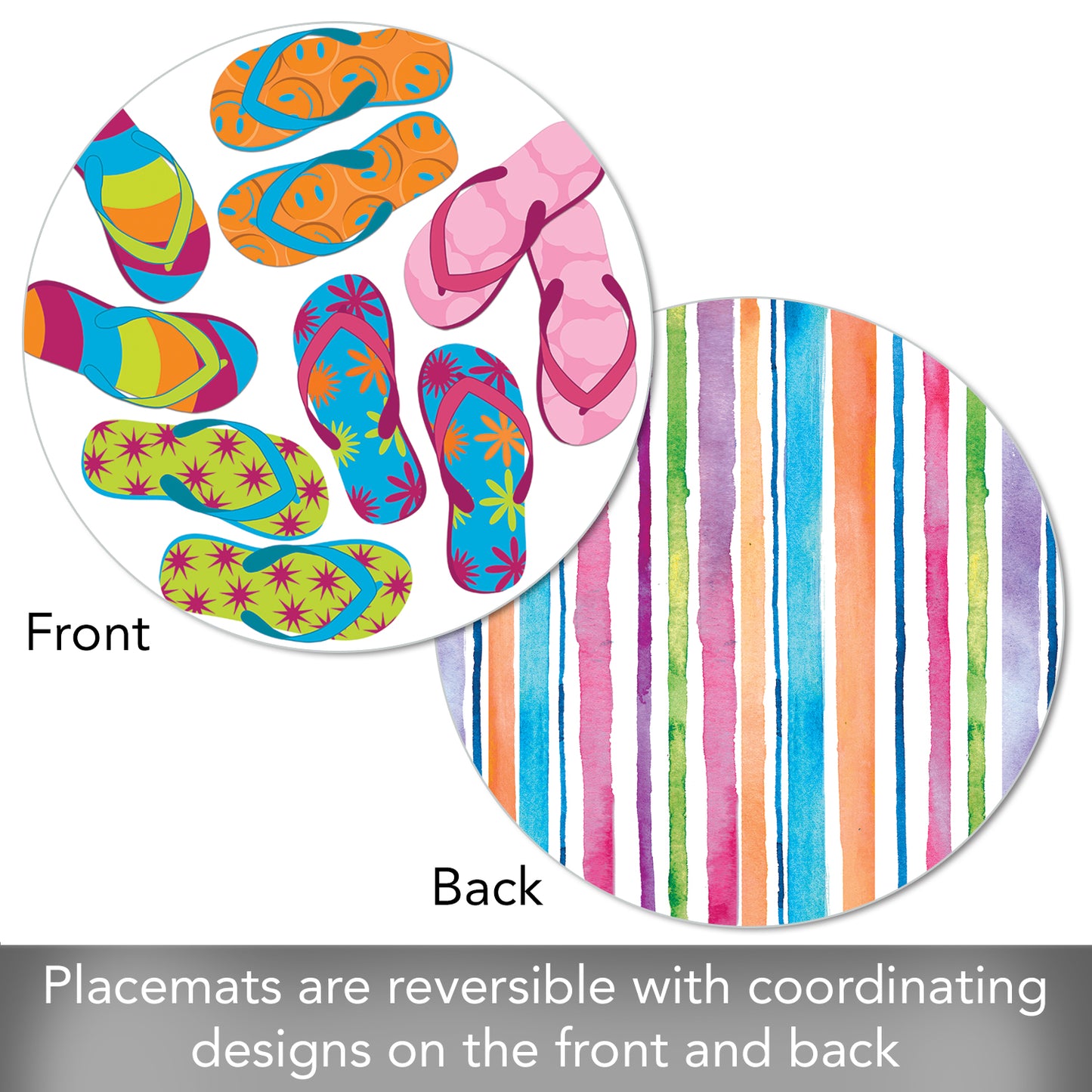 CounterArt Summer Flip Flops 4 Pack Round Reversible Easy Care Flexible Placemats Made in the USA