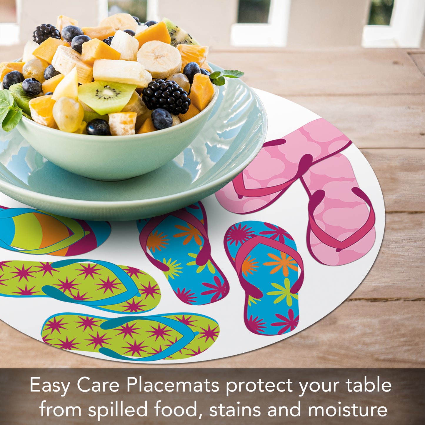 CounterArt Summer Flip Flops 4 Pack Round Reversible Easy Care Flexible Placemats Made in the USA