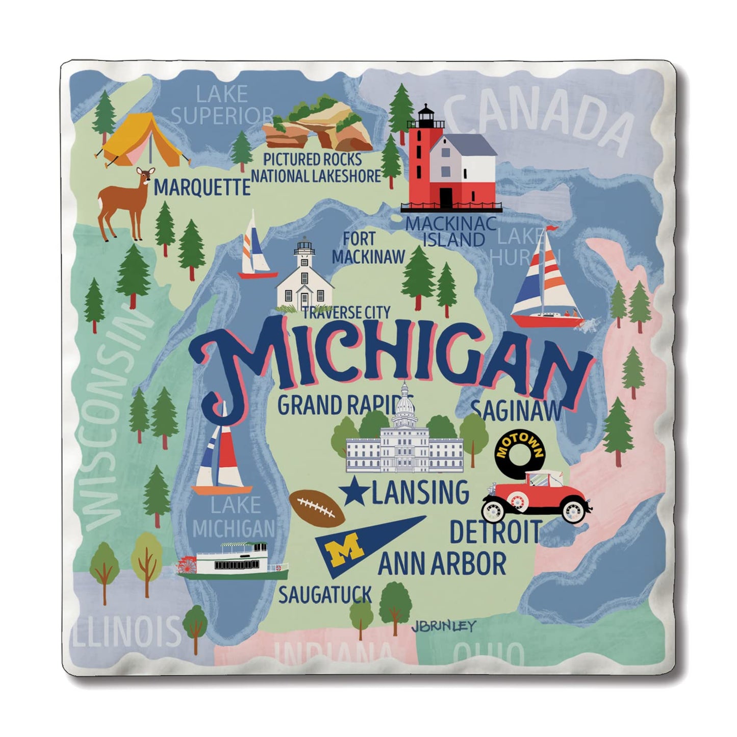 Thirstystone Michigan Attractions 4 Pack Tumbled Tile Stone Coasters 4" Square Manufactured in the USA