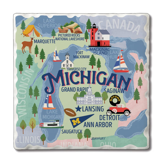 Thirstystone Michigan Attractions 4 Pack Tumbled Tile Stone Coasters 4" Square Manufactured in the USA