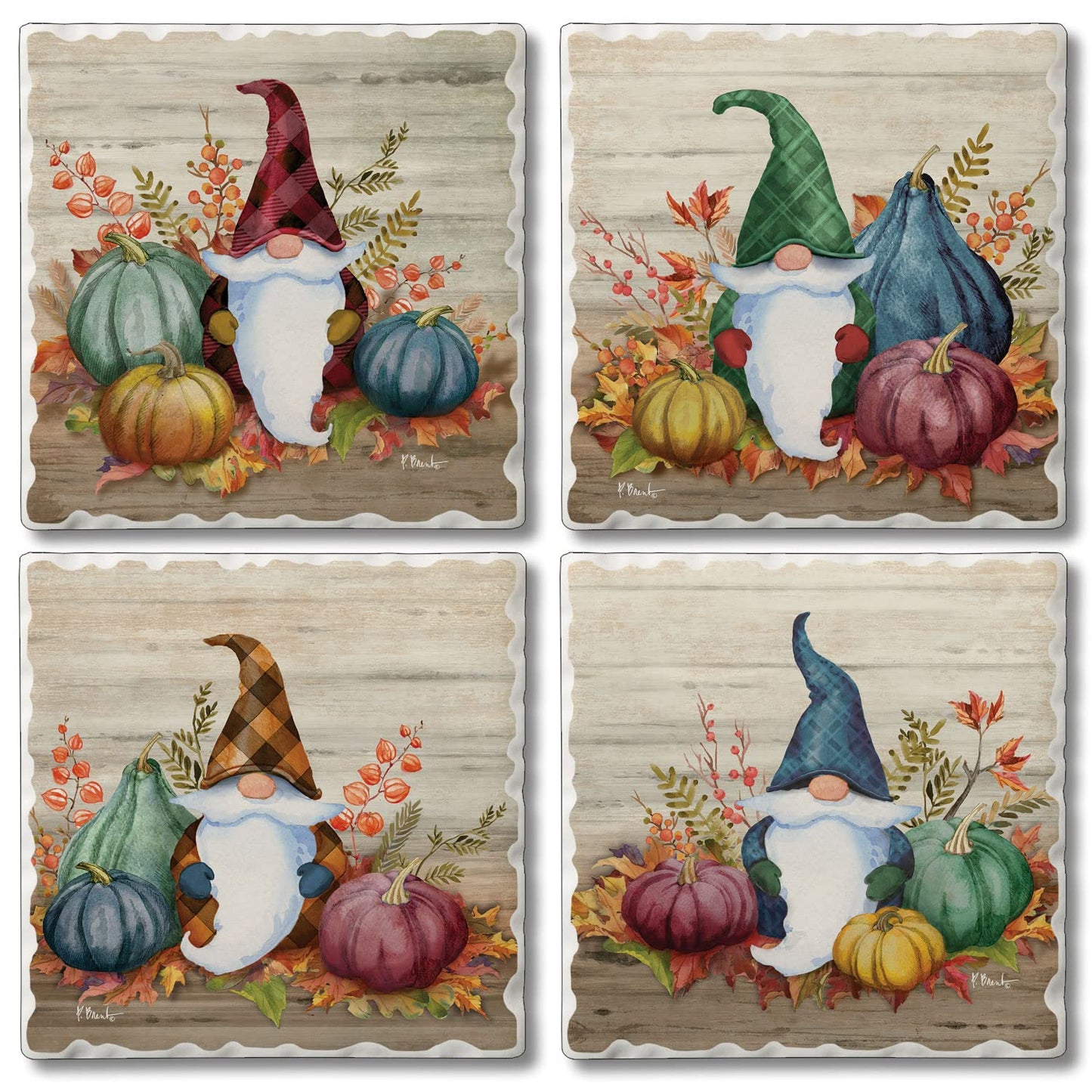 Thirstystone Autumn Gnomes 4 Pack Assorted Tumbled Tile Stone Coasters 4" Square